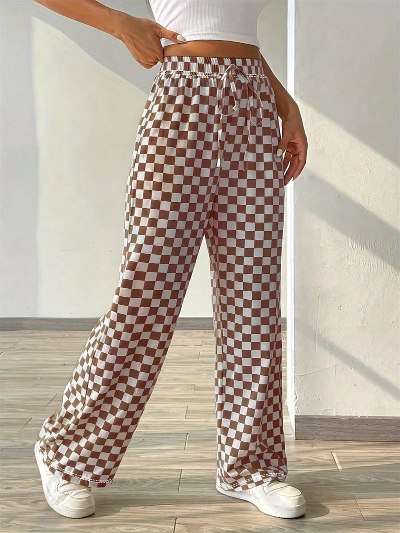 Women's Spring And Winter Plaid Lace-Up Printed Straight Leg Wide Leg Pants New Dopamine Comfortable Casual Everything