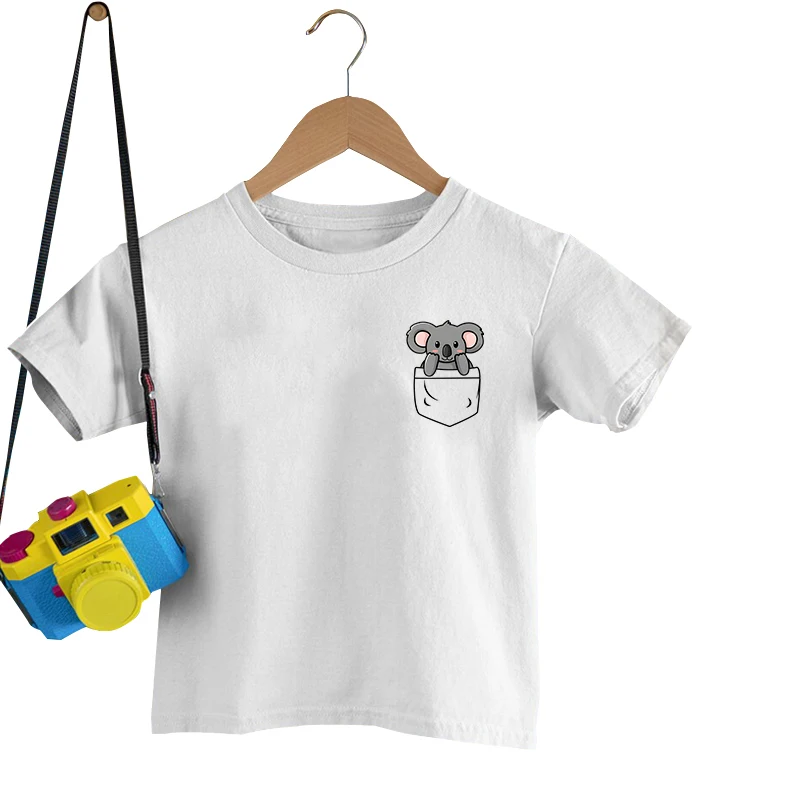 Koala Pocket Print Summer Casual T-shirts For Kids Children Boys Girls Creative O Neck Short-sleeved T-shirts Fashion Tee Shirts