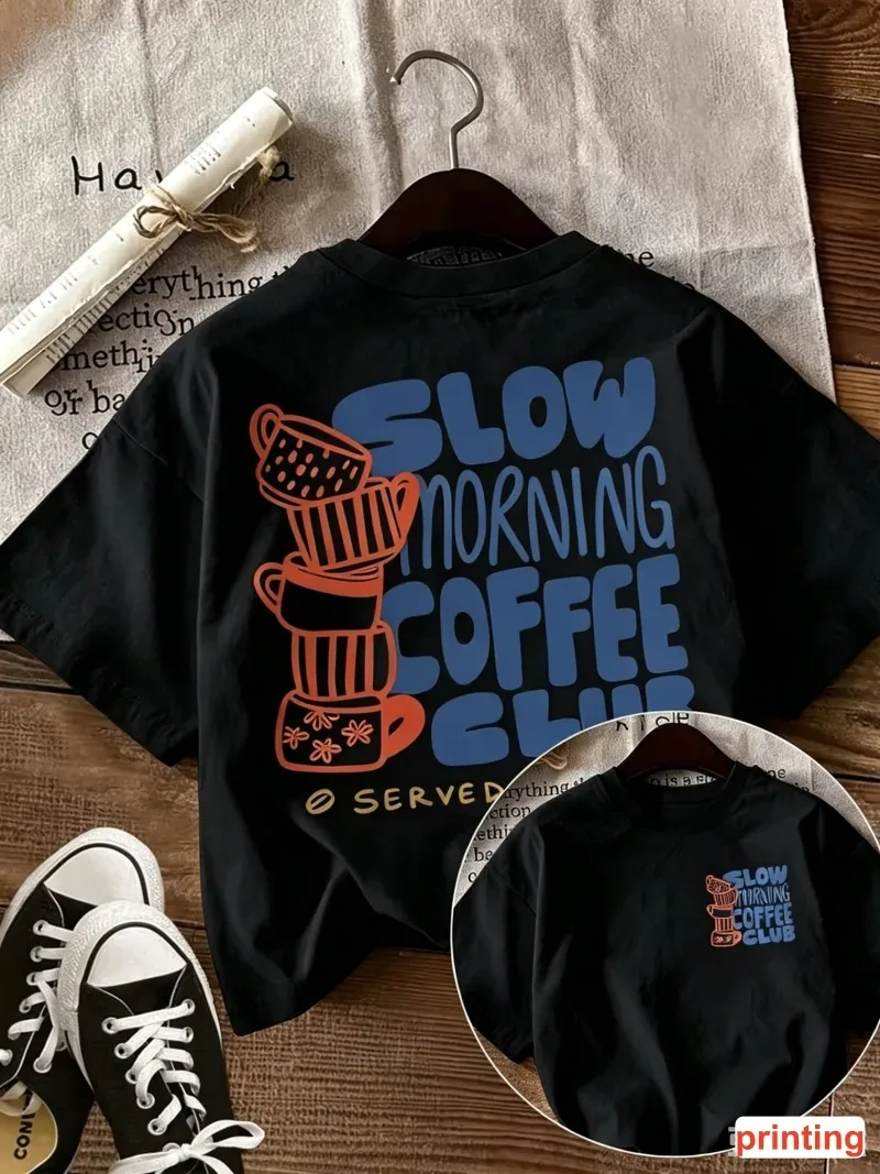 Slow Morning Coffee Club Printed T-shirt, Casual T-shirt with Stacked Coffee Cup Graphic, Short-sleeve Crew Neck Casual T-shirt