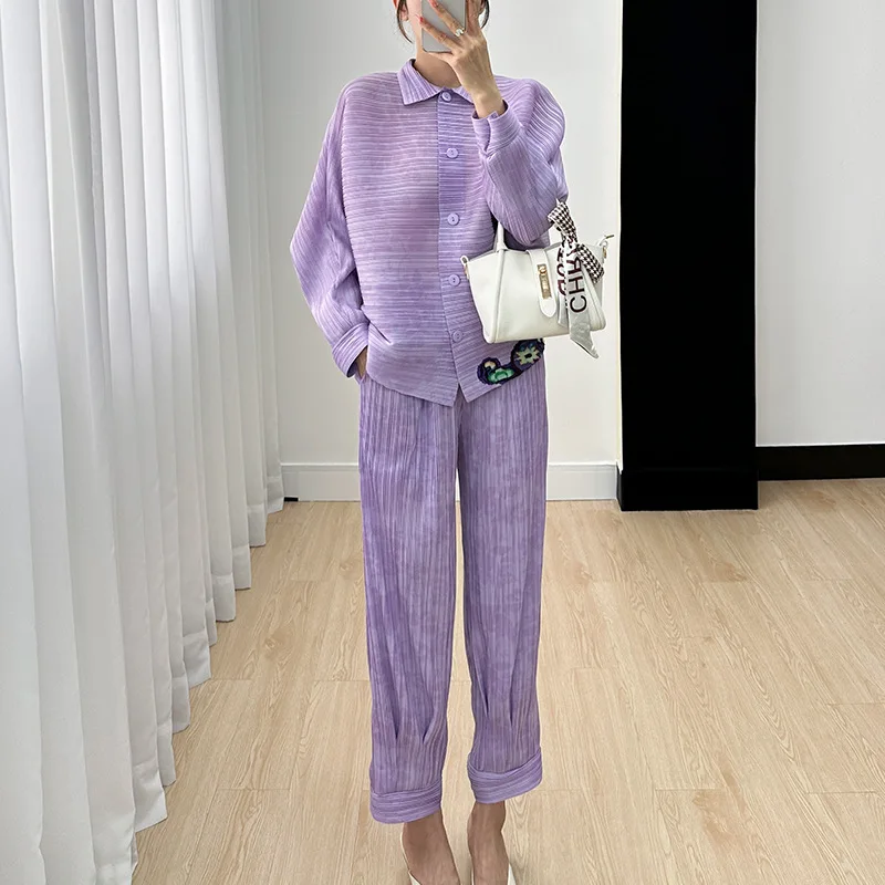 Miyake Printed Fashion Set Women's 2023 Summer New Long Sleeve Short Coat High Waist Casual Pants Fashion Two Piece Set