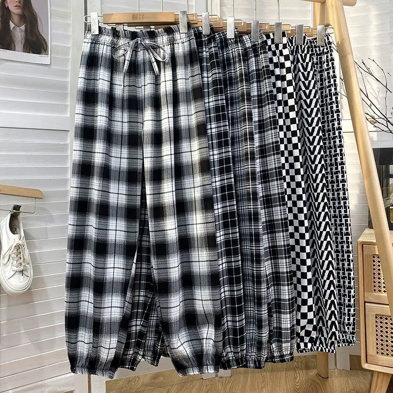 Women's Loose Casual Wide Leg Harlan Pants Ice Silk Chiffon Lantern Pants Checkered Print Cuffed Summer Anti UV Carrot Pants