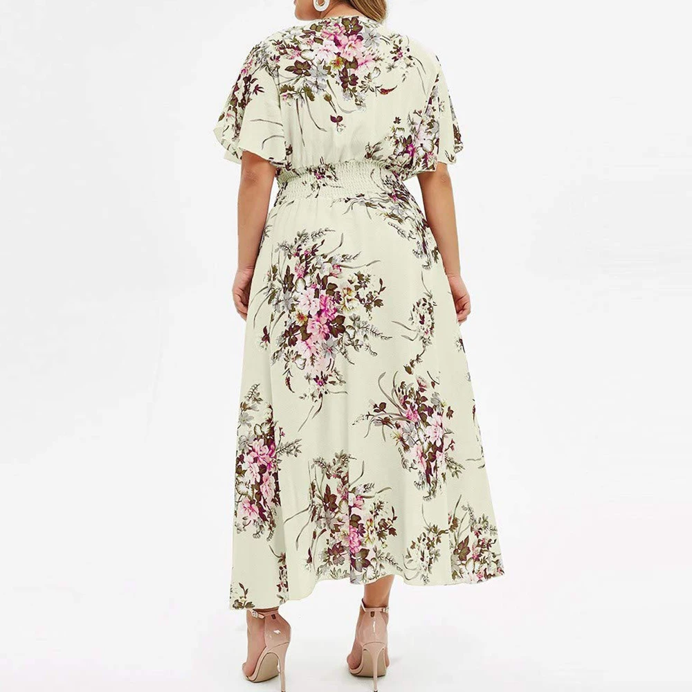 Plus Size 2024 Mode Bruiloft Strand Midi Jurk Dames Met Bloemenprint V-Hals Wikkeljurk Dames A-Lijn Party Swing Zonnejurk