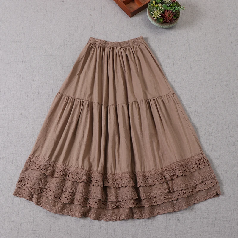 Japanese Sweet Mori Girl Lace Embroidery Hem Cotton Linen Skirts Women Spring Summer Elastic Waist Solid Color A-Line Skirts