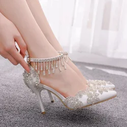 2023 Large Fringed Rhinestone Fairy Sandals with Thin Pointed Sandals with White Pointed Shoes Women's High-heeled Sandals