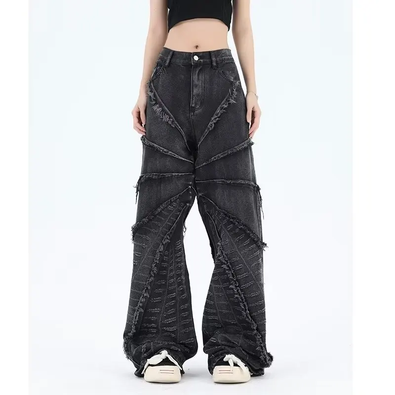 

American Vintage Destruction Spider Web Furred Jeans Men Y2k 2024 Harajuku Fashion Casual Personality Fried Street Slacks Tide