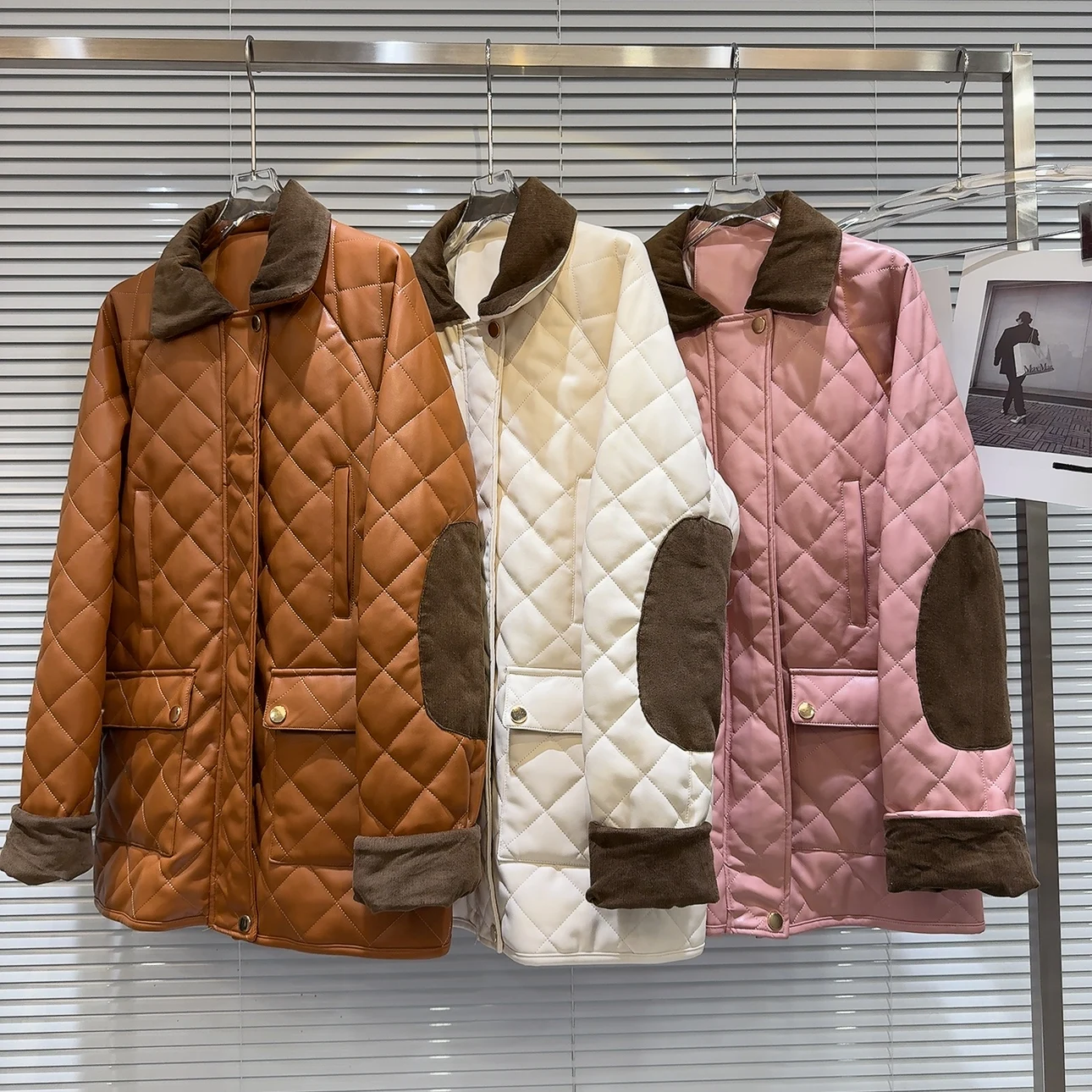 2026 Winter New Style Women's Cotton Pressed Diamond Patterned Color Block  Collar Medium Length Leather Jacket Coat