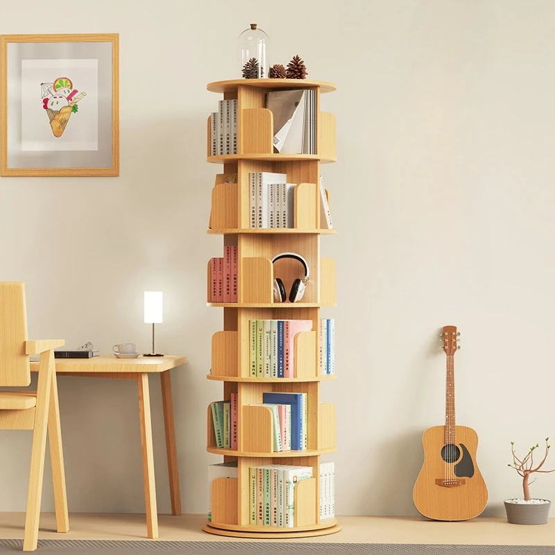 

360-Degree rotating solid wood bookshelf bookcase space-saving children's floor picture book rack