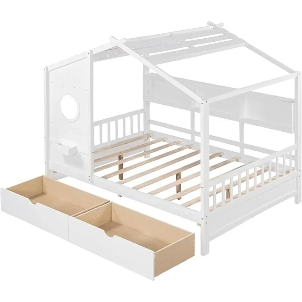 Cama de madera con cajones de almacenamiento y estantería para niños, diseño de caja de ventana integrada, bonita cama para niños pequeños, niños y niñas