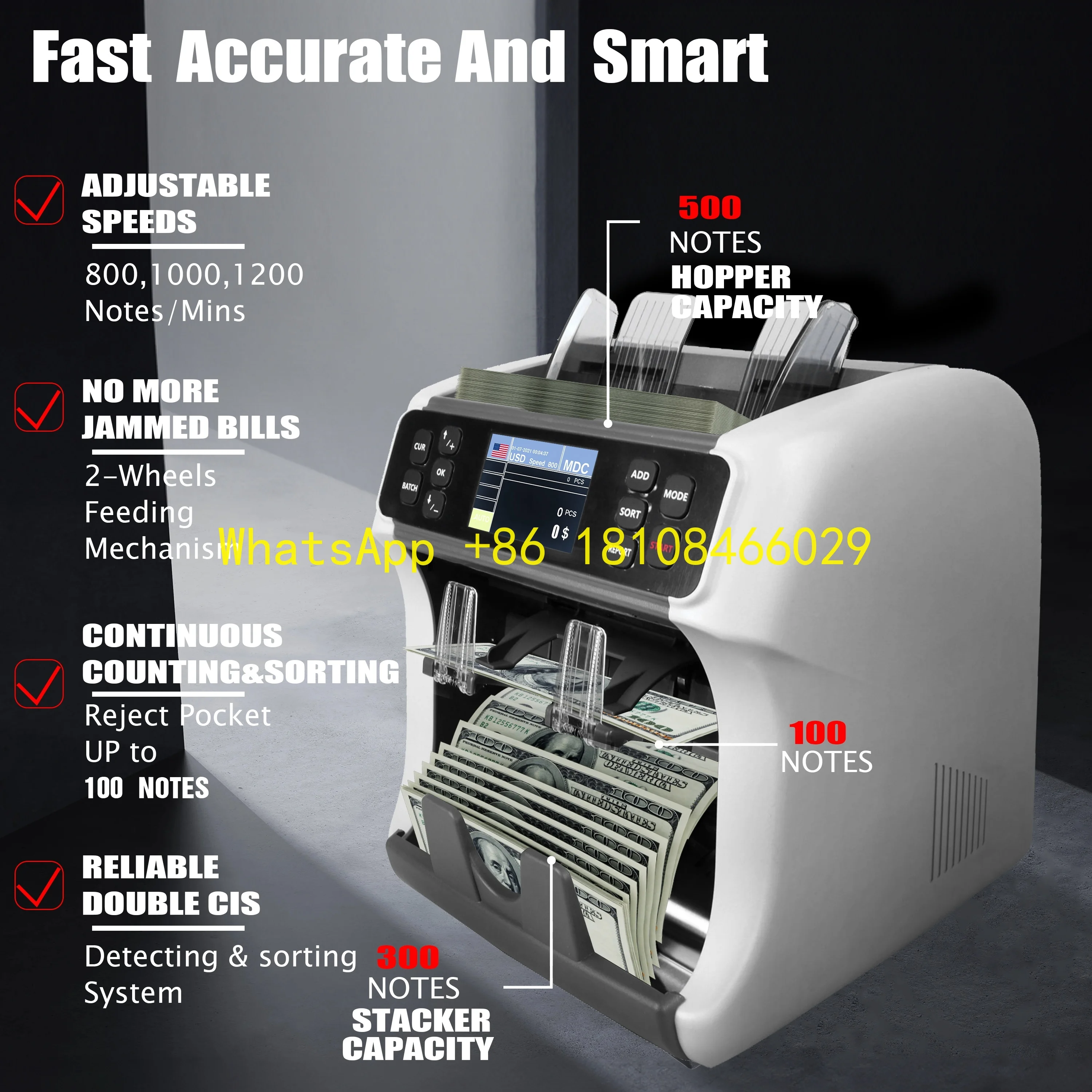 Multi-Currency Money Counter Banknote Counter with Printer 1+1  Dual CIS Sensors ed Currencies