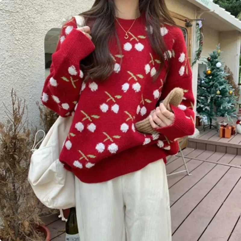 Autumn Winter Round Neck Crochet Plant&Flowers Women's Clothing Lantern Long Sleeve Sweater Knitted Screw Thread All-match Tops