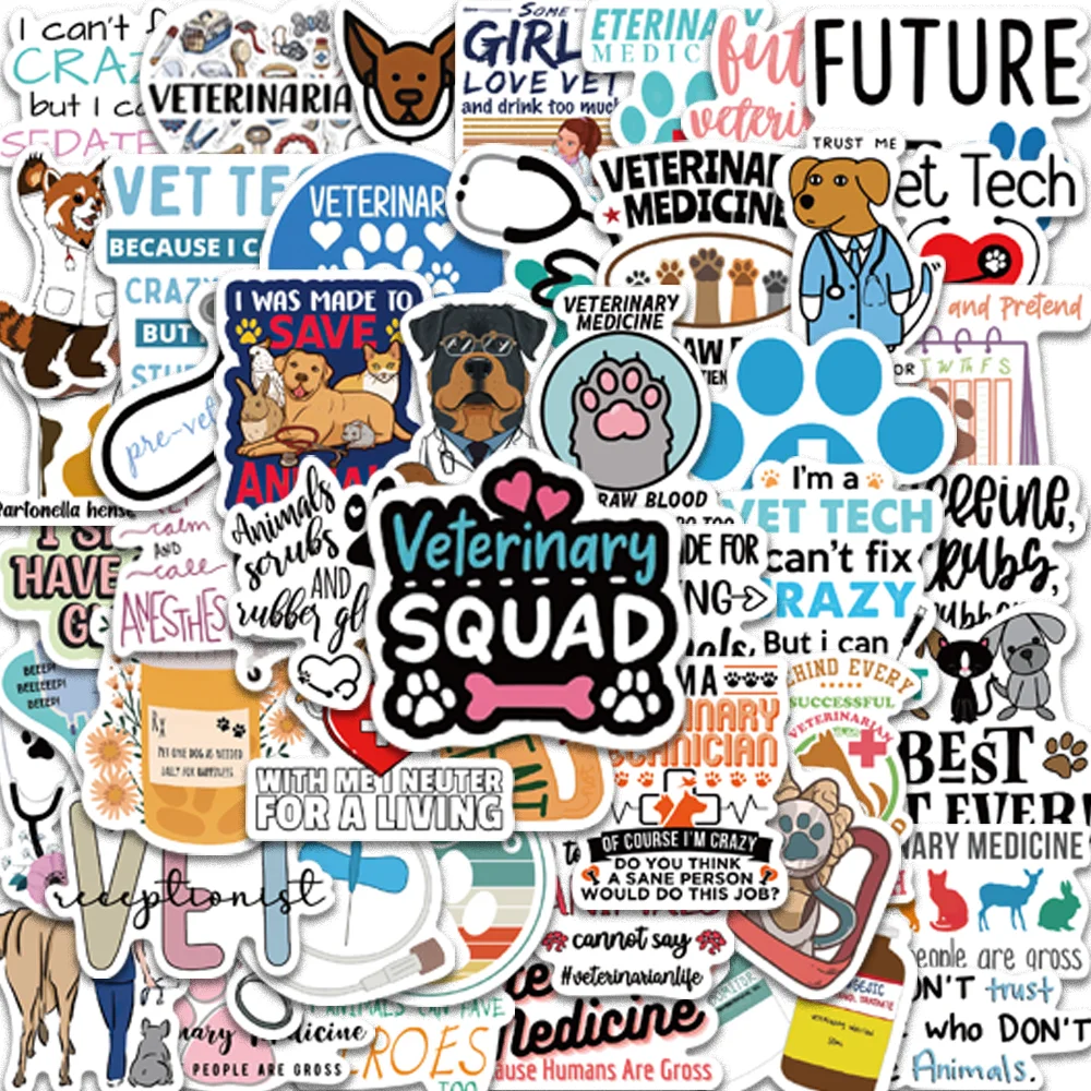 50pcs Pet Hospital Veterinarian Stickers for Laptop Diaries Envelope Skateboards Scrapbook Cartoon Cute Dog Cat DIY Decals