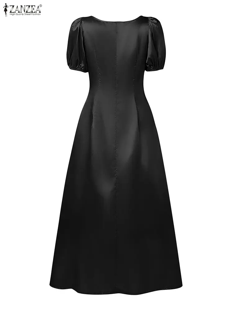 ZANZEA Damskie Sukienki Satynowe na Wesele, Eleganckie i Stylowe, z Kwadratowym Dekoltem, Krótkim Bufiastym Rękawem, Dopasowana Talia, Krój A-Line, Sukienka na Przyjęcie, Rozmiary S-3XL