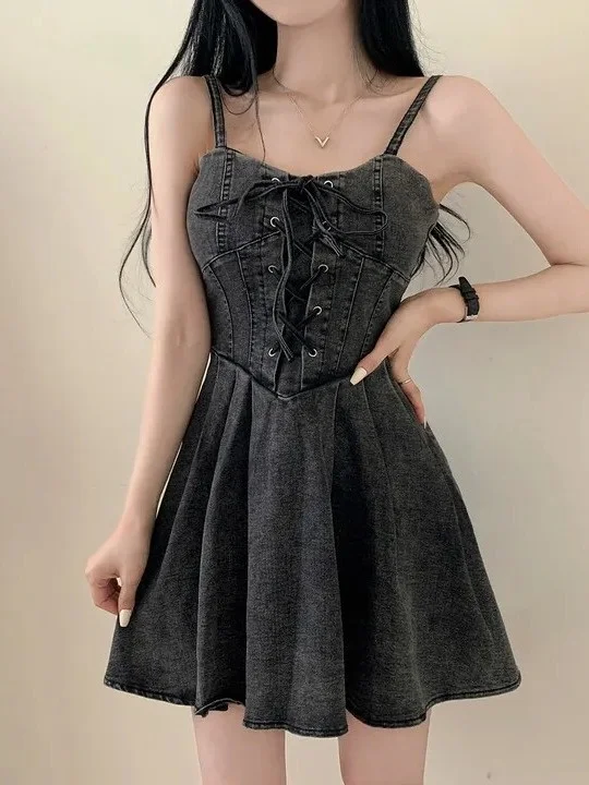 Slimming Waist Denim Dress Korean Style Women's Fashion Spring Autumn Winter Dress for School Travel Street Snap Date