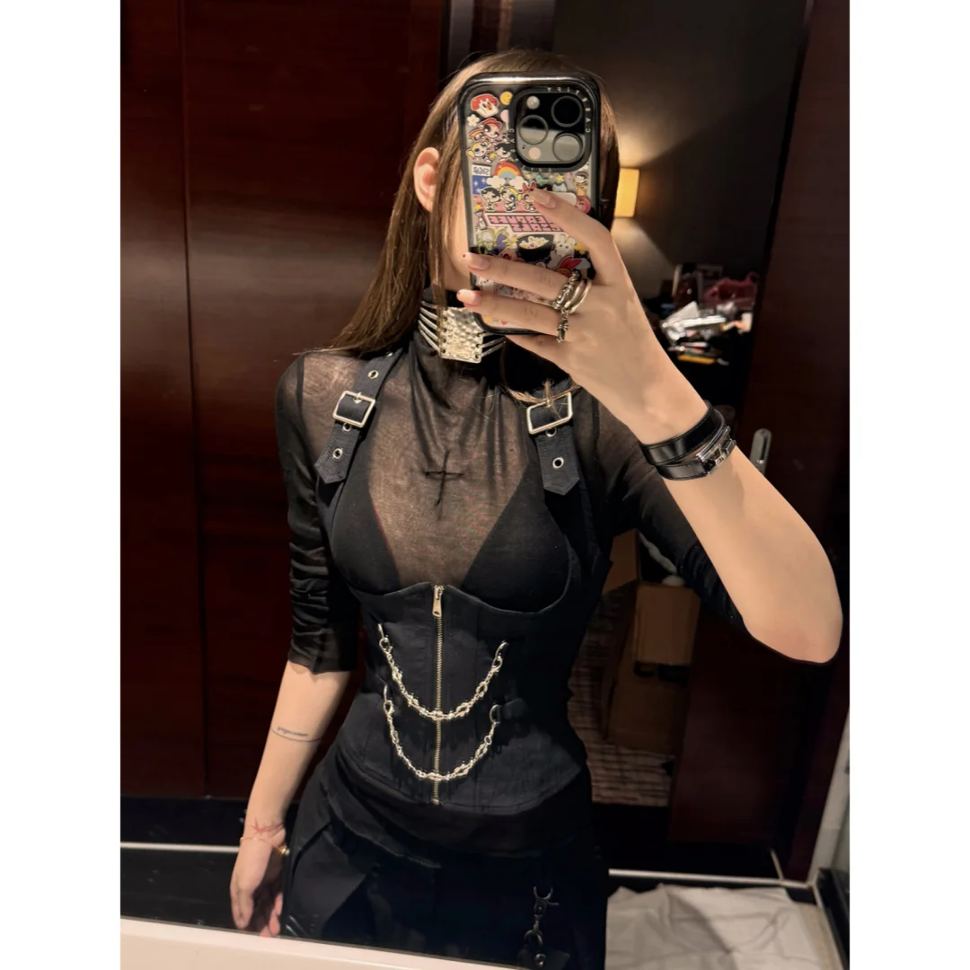 القوطية الأسود Y2k المحاصيل القمم المرأة قصيرة الأكمام Bodycon تي شيرت أبلى 2 قطعة مجموعات الملابس خمر Harajuku ثقافة فرعية تيز #2