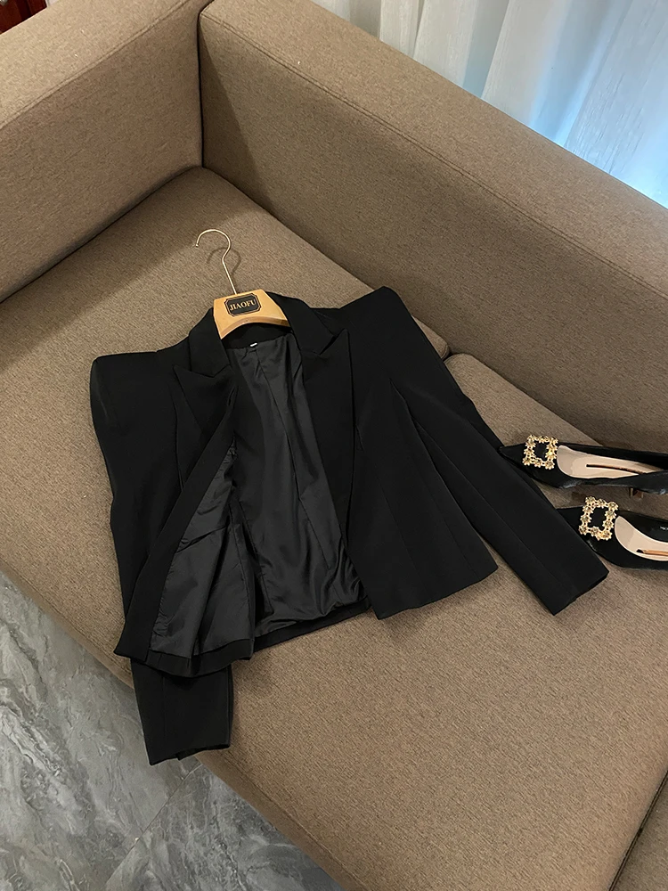 Fashion Fall Winter Spring Shrug Shoulder Coat High Street Basic Solid Long Sleeve Women Black Short Blazer