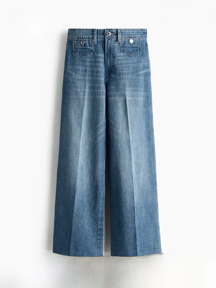 

Модные женские джинсы с высокой талией до щиколотки HM, лето 2026, широкие штанины, из смесового хлопка, эластичные, модные брюки для женщин