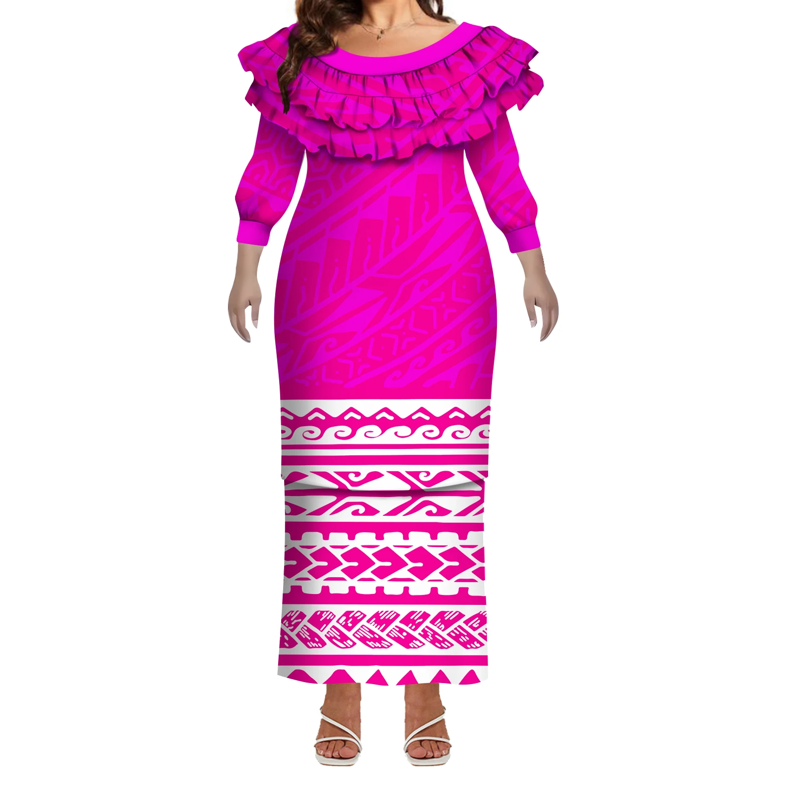 فستان نسائي بولينيزي مكشكش متوسط الأكمام بطبقة مزدوجة مصنوع حسب الطلب من Puletasi فستان مريح وتنحيف