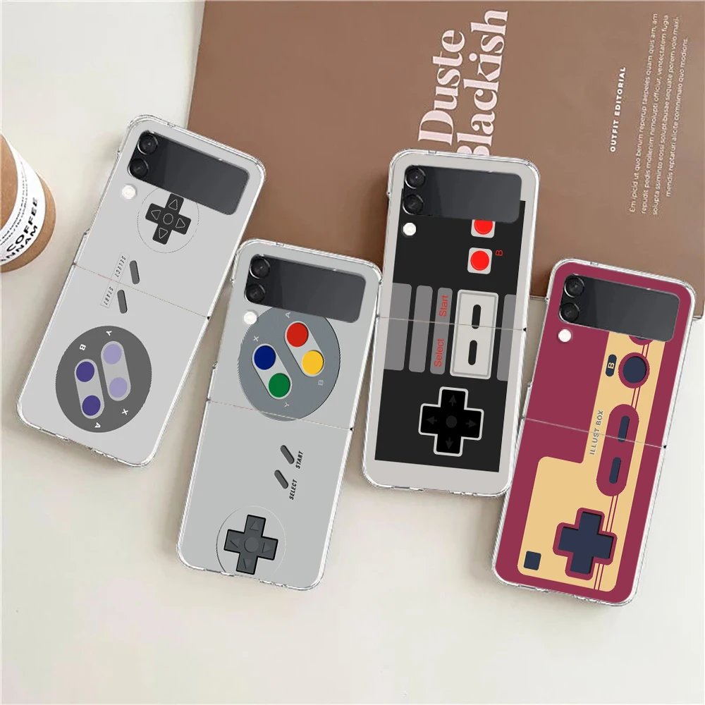 

Video Game Boy Vintage GamePad Clear Phone Case For Samsung Z Flip 4 5 Case Transparent High Hard PC For Galaxy Z Flip 3 5 Cover