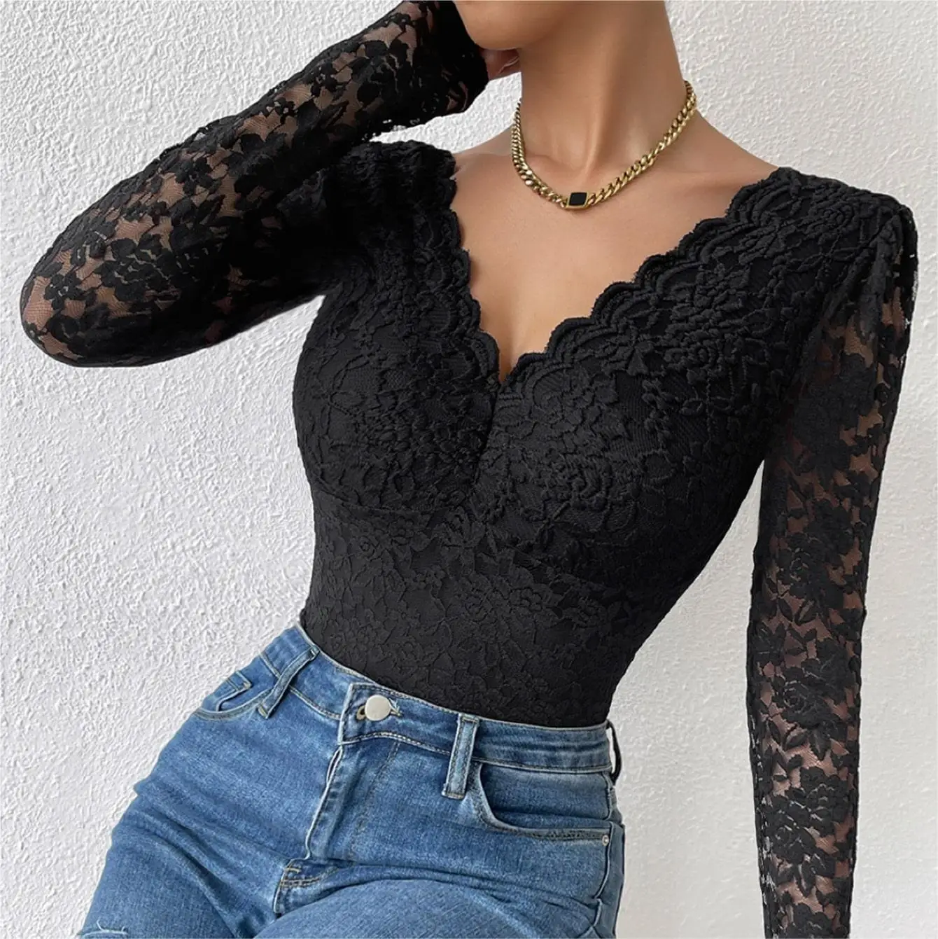 V-neck Bodysuit for Women Lace Long Sleeve Shapewear Sexy Slim Fitted One Piece Jumpsuits Bodyshaper Tank Top Body Clothes Woman