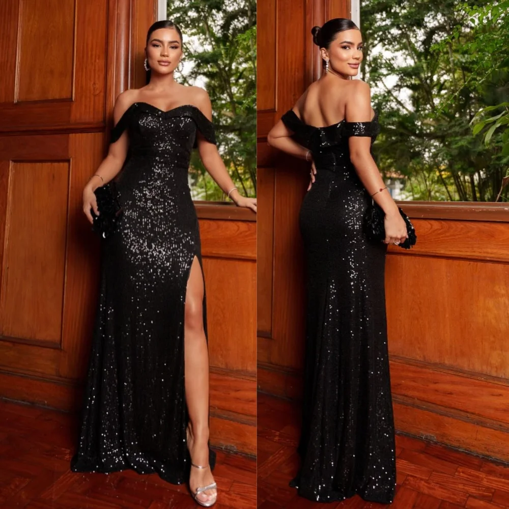 

Sparkle Exquisite High Quality Sequin Draped Pleat Valentine's Day A-line Off-the-shoulder Bespoke Occasion Gown Long Dresses