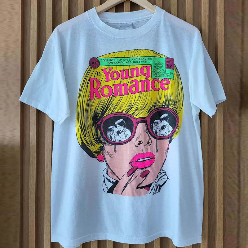 

Young Romance American Street Trend Brand Short Sleeve T-Shirt Ulzzang Heavy Cotton Small Neckline Couple Half Sleeve