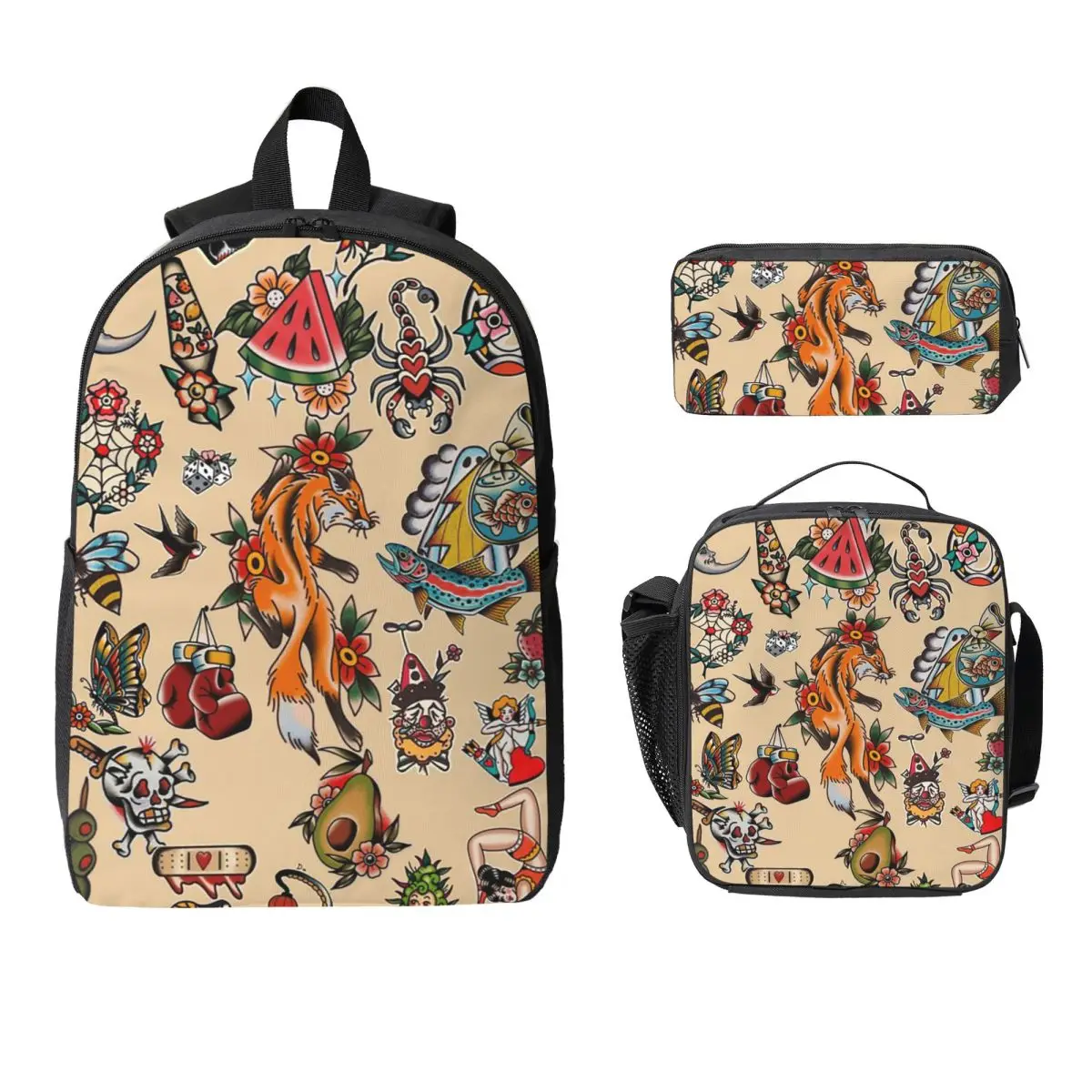 

American Traditional Flash Pattern Tattoo Backpack BookBag School Bag Laptop Shoulder Bags 3ps Insulated Lunch Bag Pencil Case