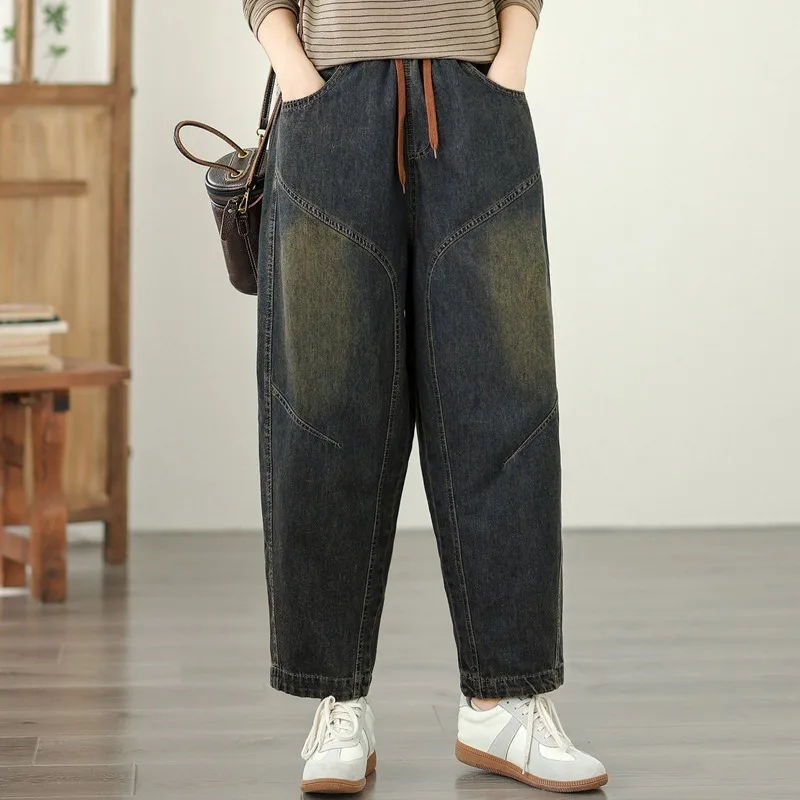 بالإضافة إلى حجم المرأة فضفاضة تناسب عارضة الحريم الجينز المتعثرة الأبيض Waed السراويل الطويلة مريحة مرونة الخصر سراويل جينز #2
