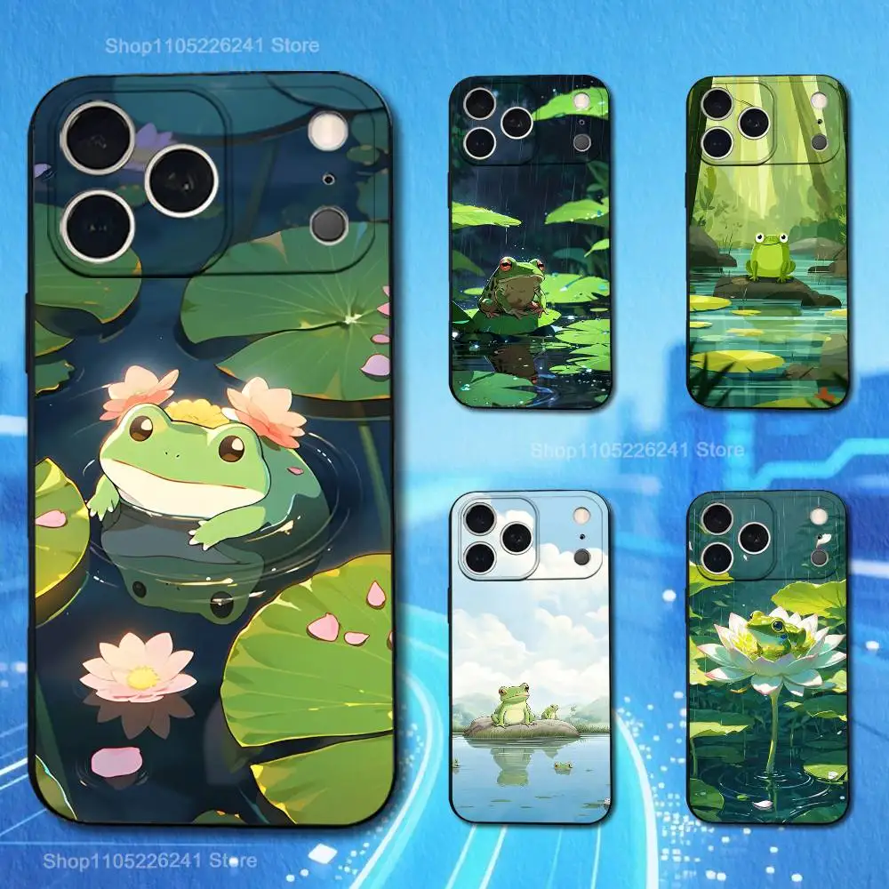 Lindo dibujo de rana artística para iPhone 8,7,11,12,15,14,13,16,17,Plus,Pro Max,XS,X,XR,SE,Mini,funda negra de silicona suave