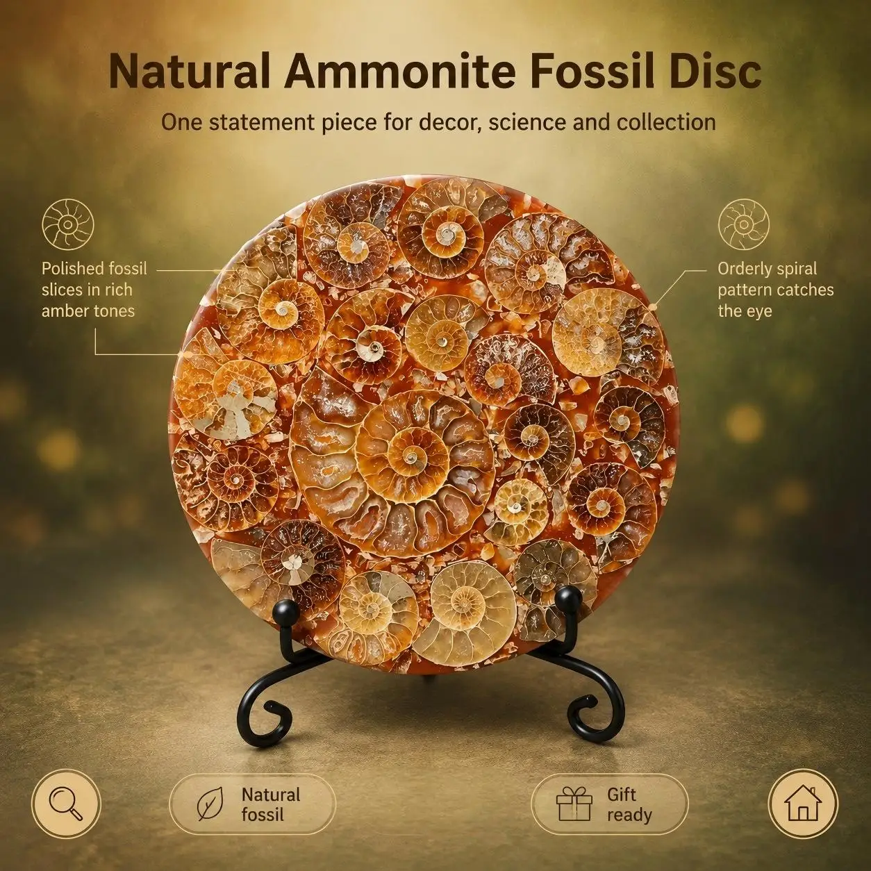 1 random style ammonite disc, suitable for mineral stone plates, gift displays, bright colors, home decoration, perfect for room decoration, office and coffee shop exquisite gifts