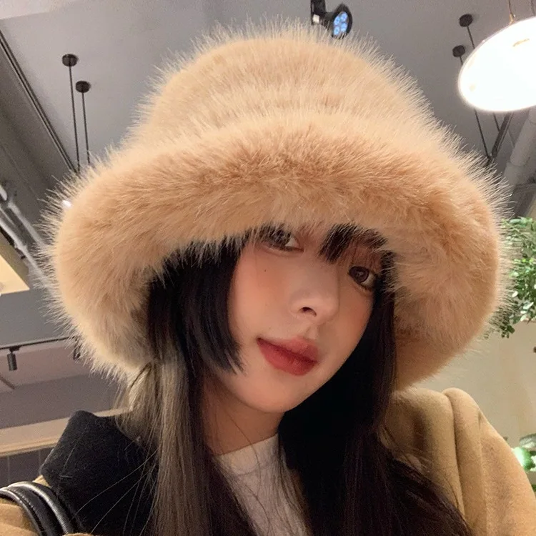 

2023 y2k Fluffy Faux Fur Bucket Hat Women Rabbit Fur Warm Thick Plush Winter Hat Lady Luxury Fashion Party Panama Fisherman Cap