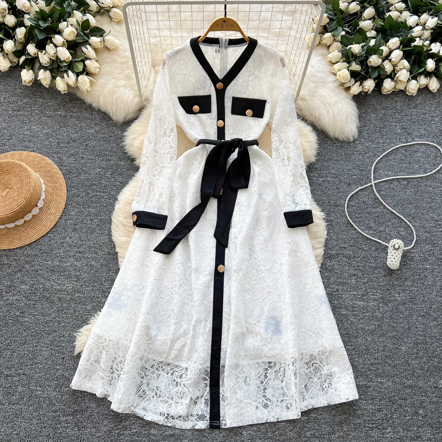 Elegant Long Sleeve Vintage V-neck Chic Metal Buckle Bandage Lace Slim Long Dresses Streetwear High Street Autumn Women Clothing