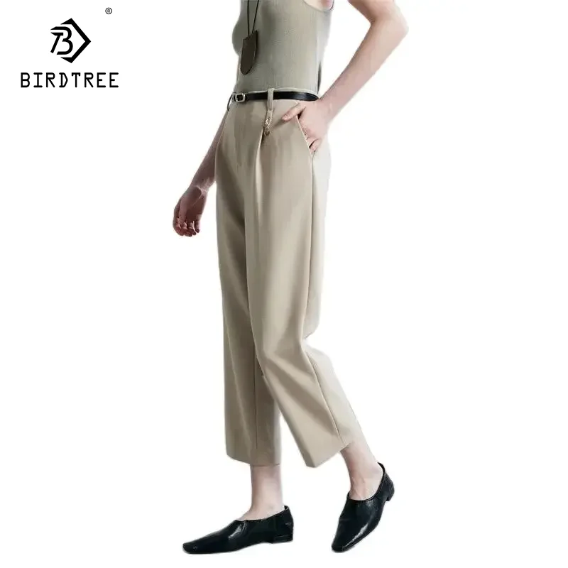 Birdtree-Pencil Pants for Woman, Wool Blend, Office Lady Trouser, Women 2024 Autumn Winter Chic Clothing, Black, Khaki, B49935QM