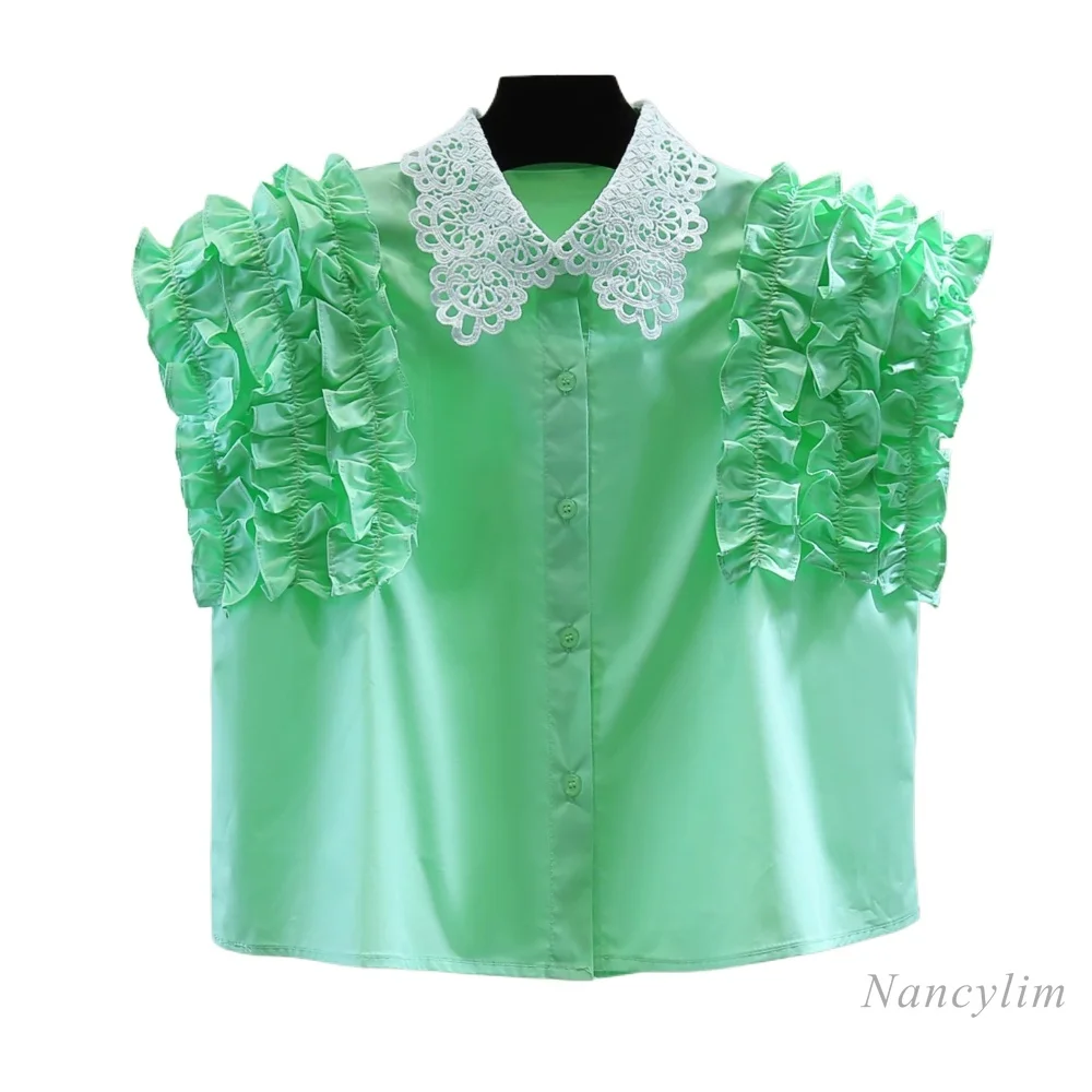 Lace Splicing Sleeveless Shirt, Fresh Green Blouse for Women, 2025 Summer High-waisted Short Fungus Edge Straight Blusas Femme