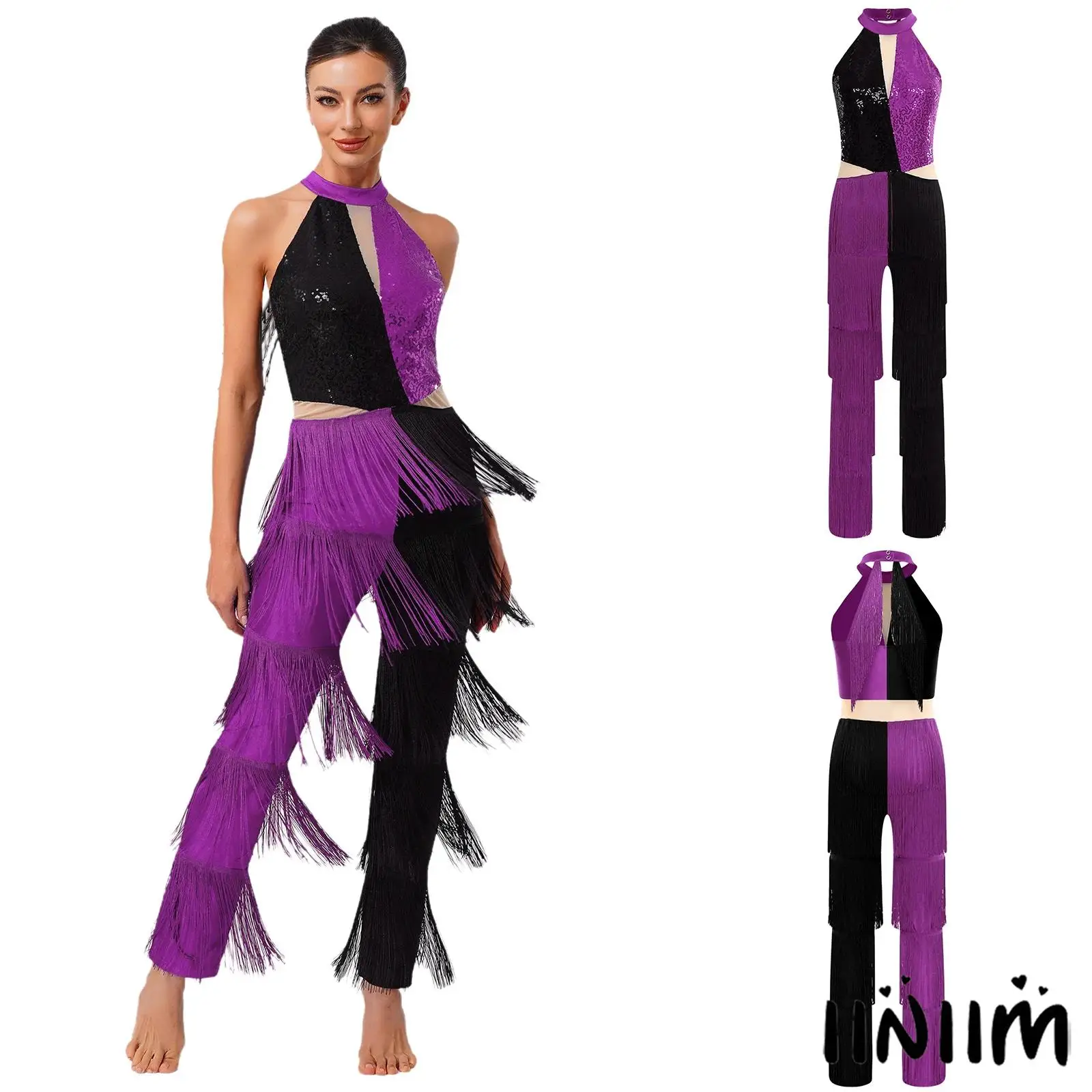 Women Latin Dance Jumpsuit Stylish Disco Bodysuit Sequin Tassel Fringe Contrast Color Jumpsuit Dancewear for Performance Party