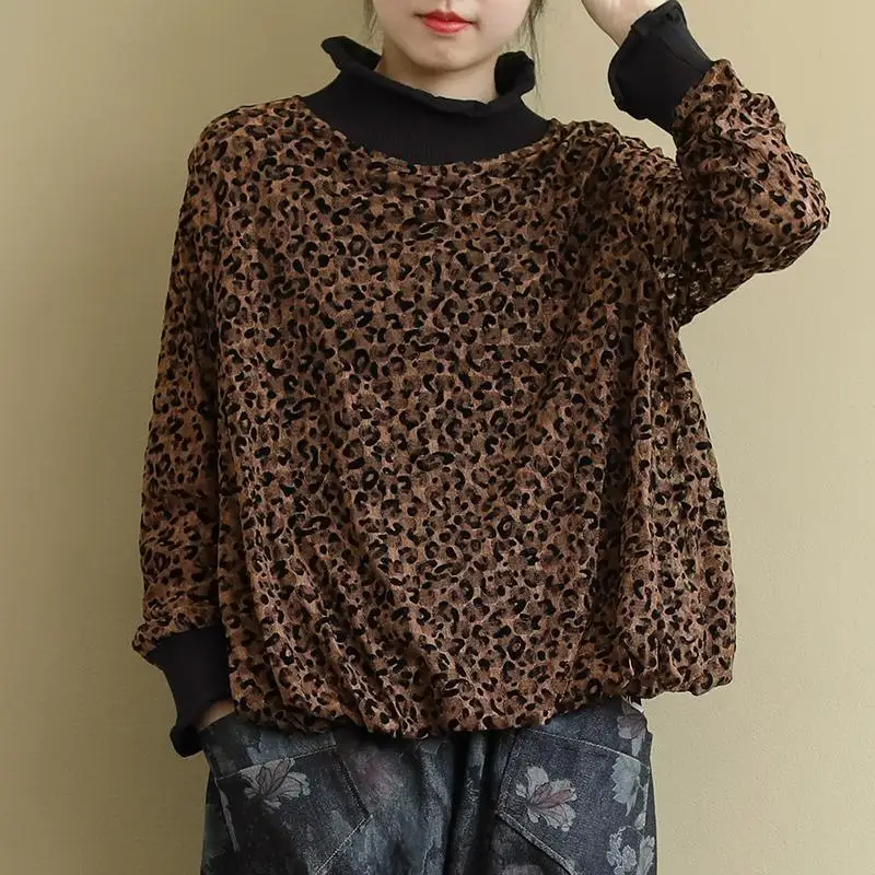 Vintage Casual Leopard Turtleneck Tops for Female Autumn Winter All-match Loose Long Sleeve Pullovers Fashion Women\'s Clothing