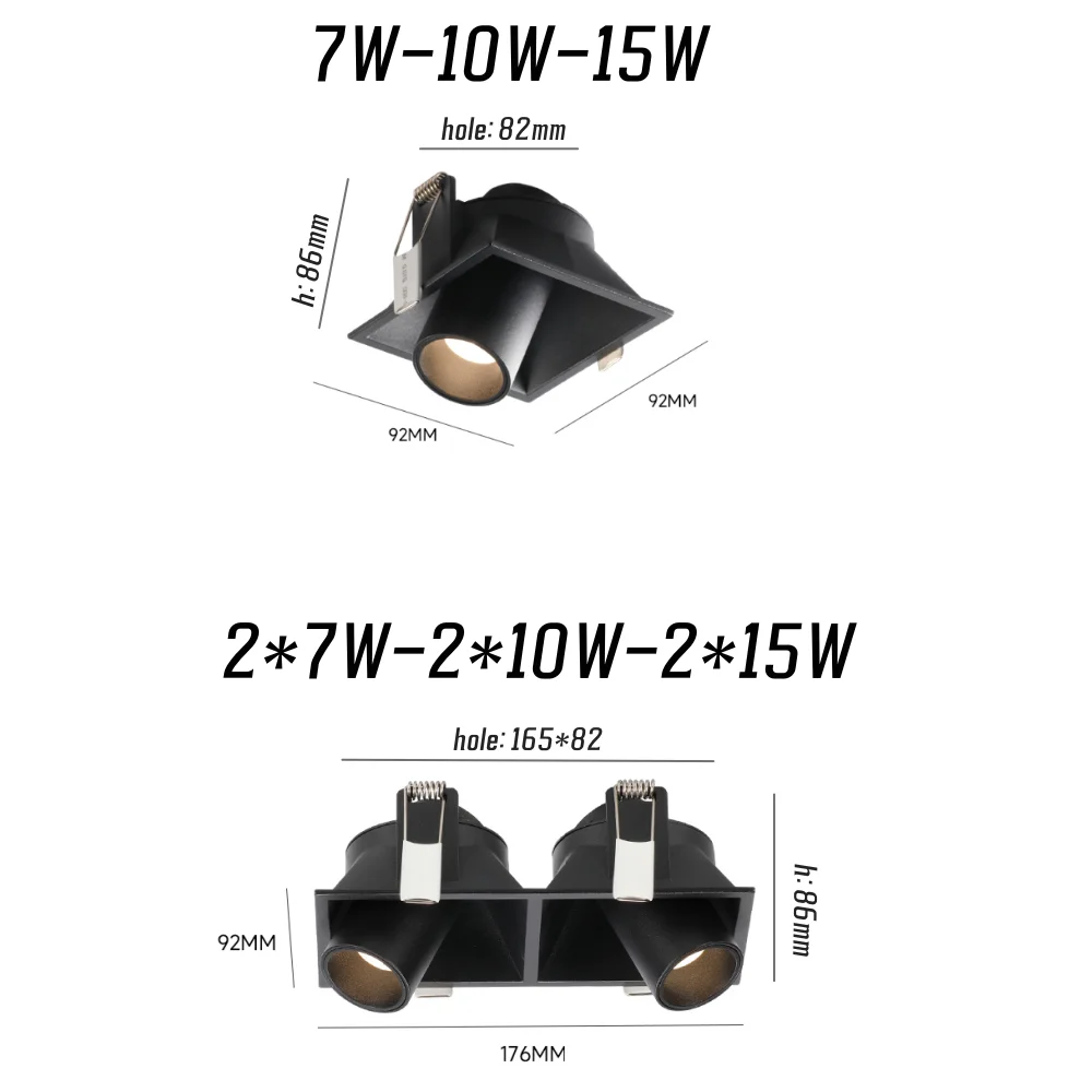 Wpuszczany reflektor COB Kwadratowa wąska ramka LED Downlight 7 W 10 W 15 W 20 W 30 W Przeciwodblaskowy 360 °   Obrót Możliwość przyciemniania