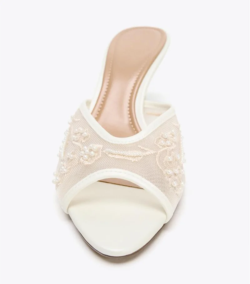 شبكة اللؤلؤ مزين الزهور النعال المرأة مثير اللمحة تو الصنادل صندل كعب أنيق للسيدات مصمم البغل الأحذية #2