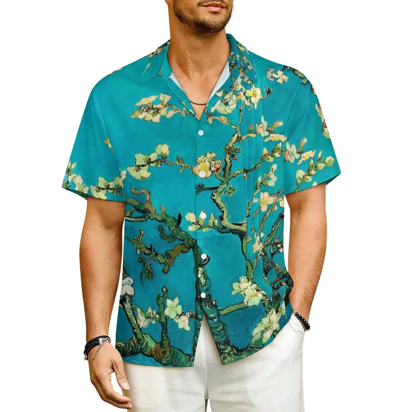 

Van Gogh Hawaii Shirt For Men Vacation Blossoming Almond Floral Casual Shirts Short Sleeve Street Style Design Oversized Blouses