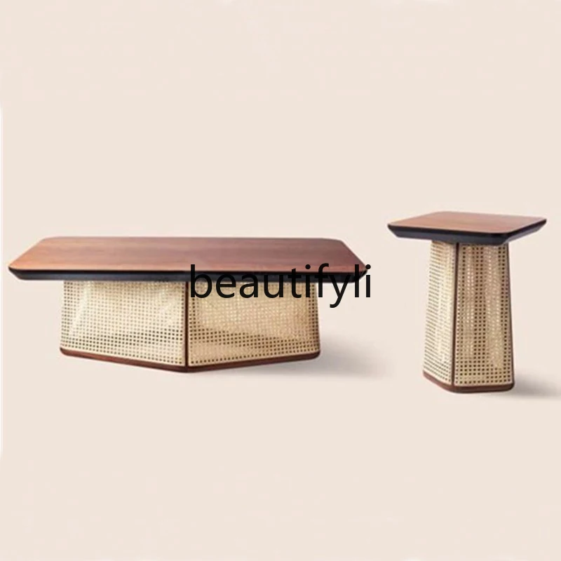 

Rattan square coffee table household living room Japanese solid wood, table simple and modern, side table