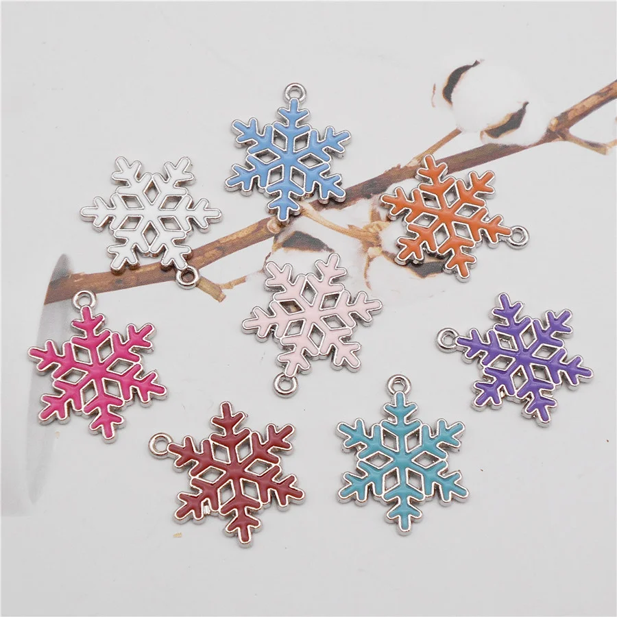 Julie Wang 8PCS Enamel Cartoon Snowflake Charms Mixed Colors Alloy Christmas Pendant Bracelet Earrings Jewelry Making Accessory