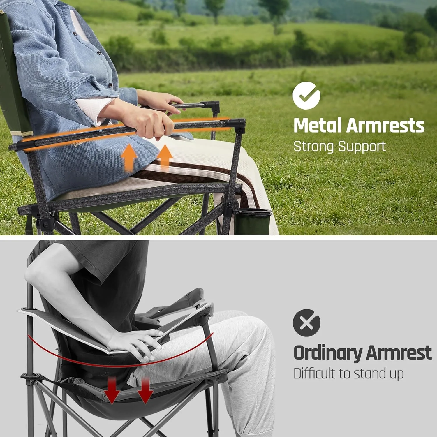 كرسي تخييم عالي التحمل للبالغين بسعة وزن 400 رطل، كرسي كبير الحجم قابل للطي مع حامل أكواب ومساند للذراعين