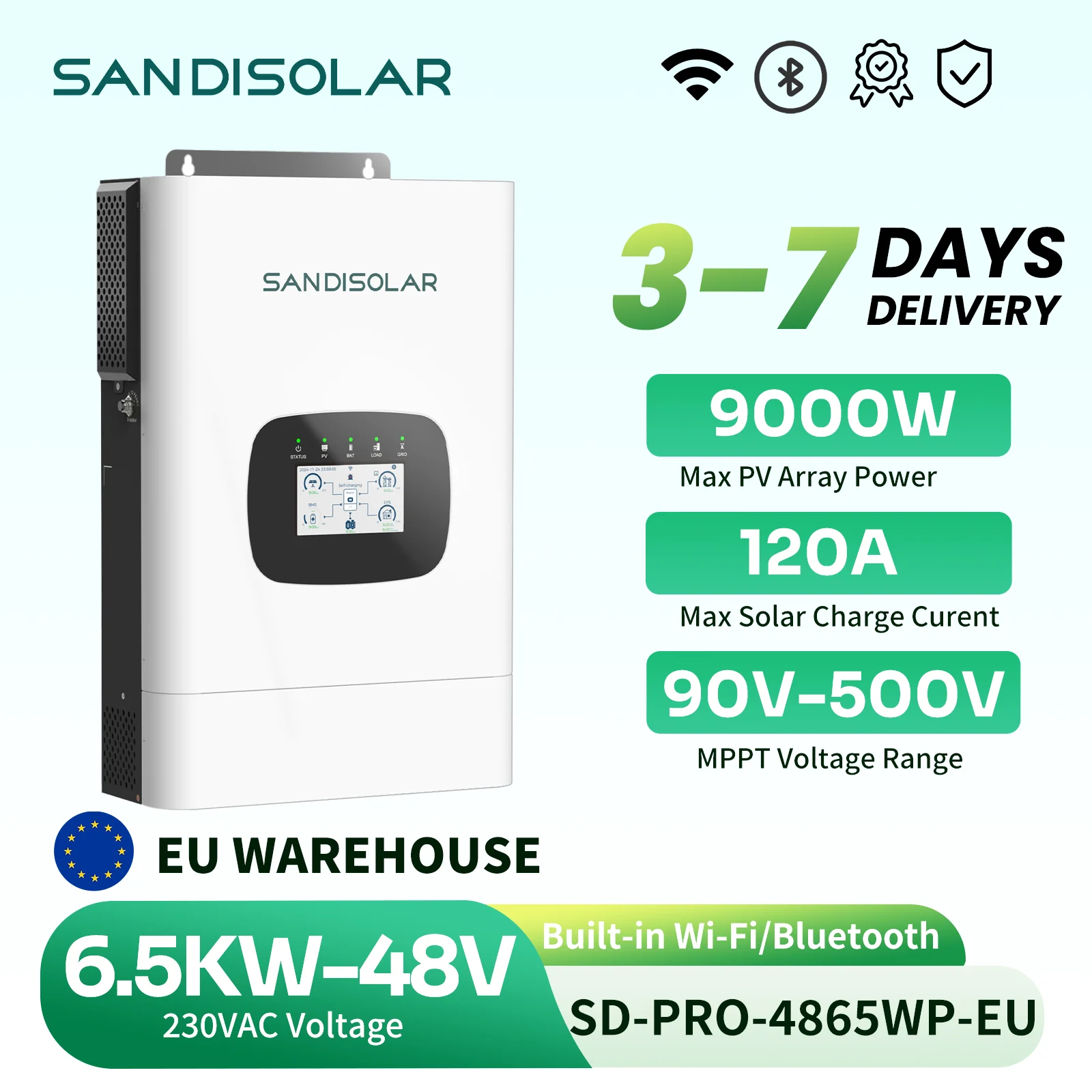 SANDISOLAR 6.5KW 48V Hybrid Solar Inverter 230VAC Pure Sine Wave Inverter MPPT Built in WiFi units EU Stock  Parallel