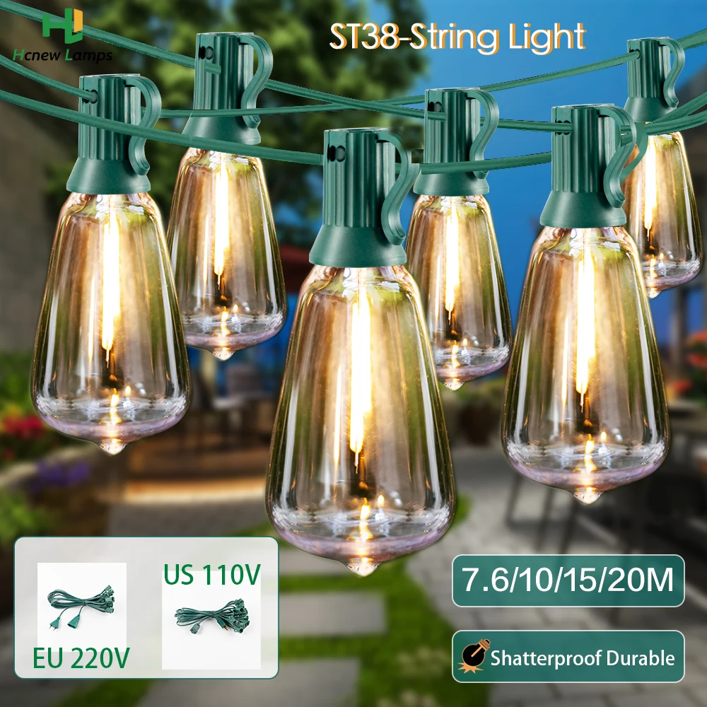 Garland Outdoor ST38 Led String Lights EU 220V US 110V E12 Shatterproof Waterproof Connected For Party Light Camping Light Chai