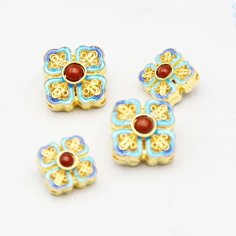 Chinese Style Vintage Blue Gold Color Jewelry Accessories DIY Beads for Bracelet Necklace 5pcs/set