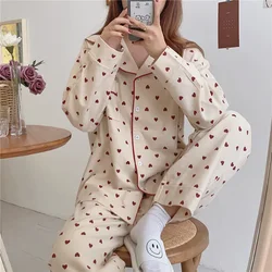 Hartenprint Huispak Losse Katoenen Casual Nachtkleding Koreaanse Pyjama Set Broek Harajuku Home Clothes Kawaii Single Breasted Top