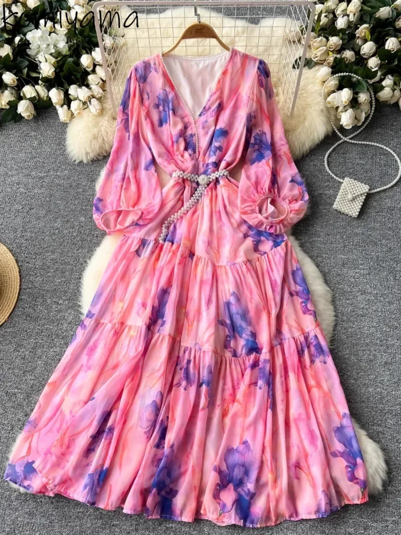 Print Tunic Women 2024 Vestidos V-neck Lantern Sleeve Dresses Elegant Temperament Dress Advanced Sense Vestido Clothing