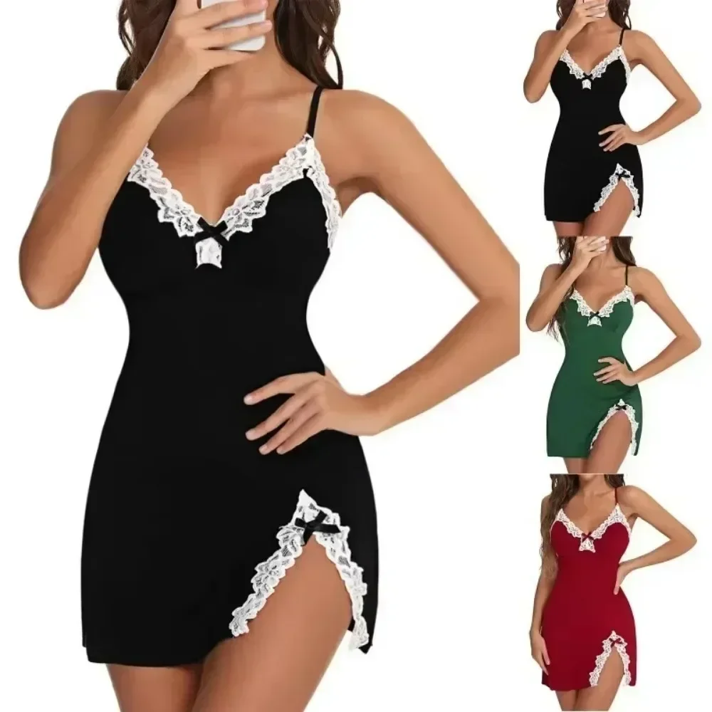 Sexy Sleepwear Women Lace Silk Satin V-Neck Nightgown Split Hem Soft Lingerie Night Dress Sleeveless Sleepwear Female Clothes