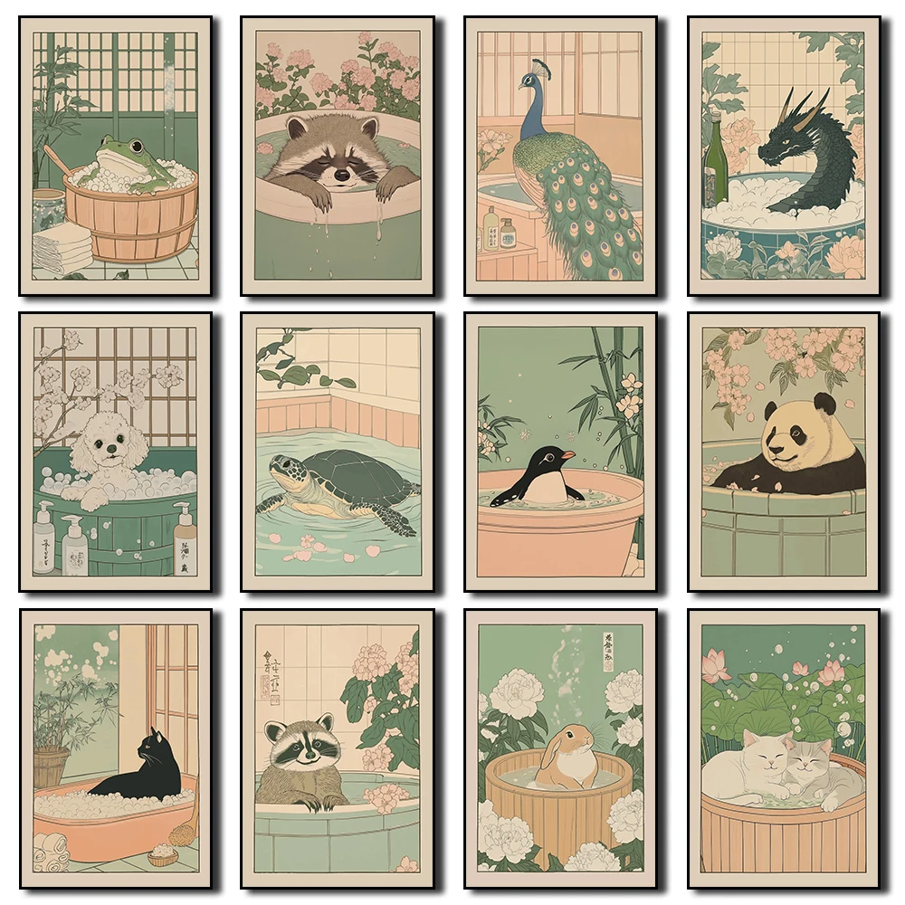 Japanisches Badezimmer-Kunstposter, niedliche Tiere in der Badewanne, Leinwand, gedruckte dekorative Malerei, verwendet für Badezimmer-Dekoration, Rahmen
