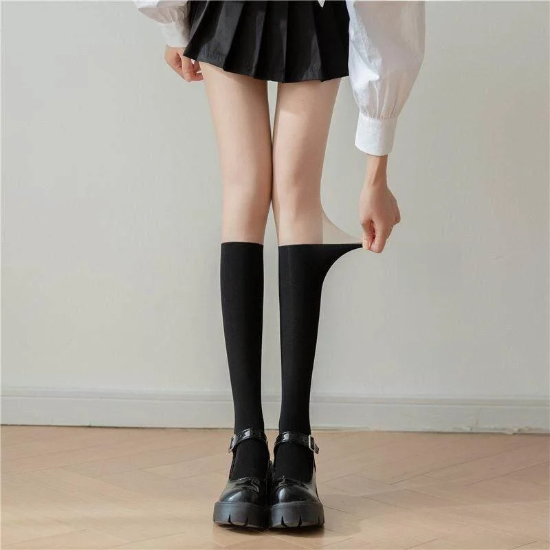 Women's Long Tube Socks over Knee Meat Color Splicing Silk Stockings Spring Summer Fake Leg Two Pieces Leggings Knee High Socks