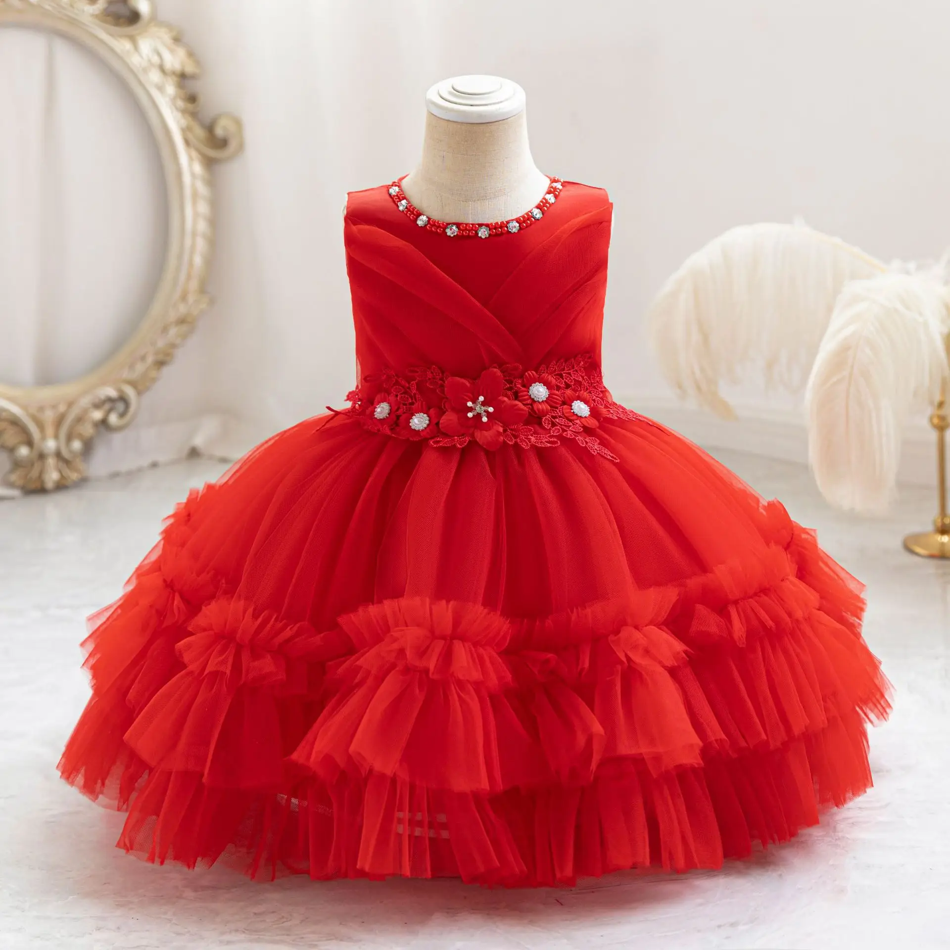 HETISO Baby Girl Dress Tulle Flower Pearl Kids Princess Dresses for Wedding Birthday Party First Communion Toddler Gown